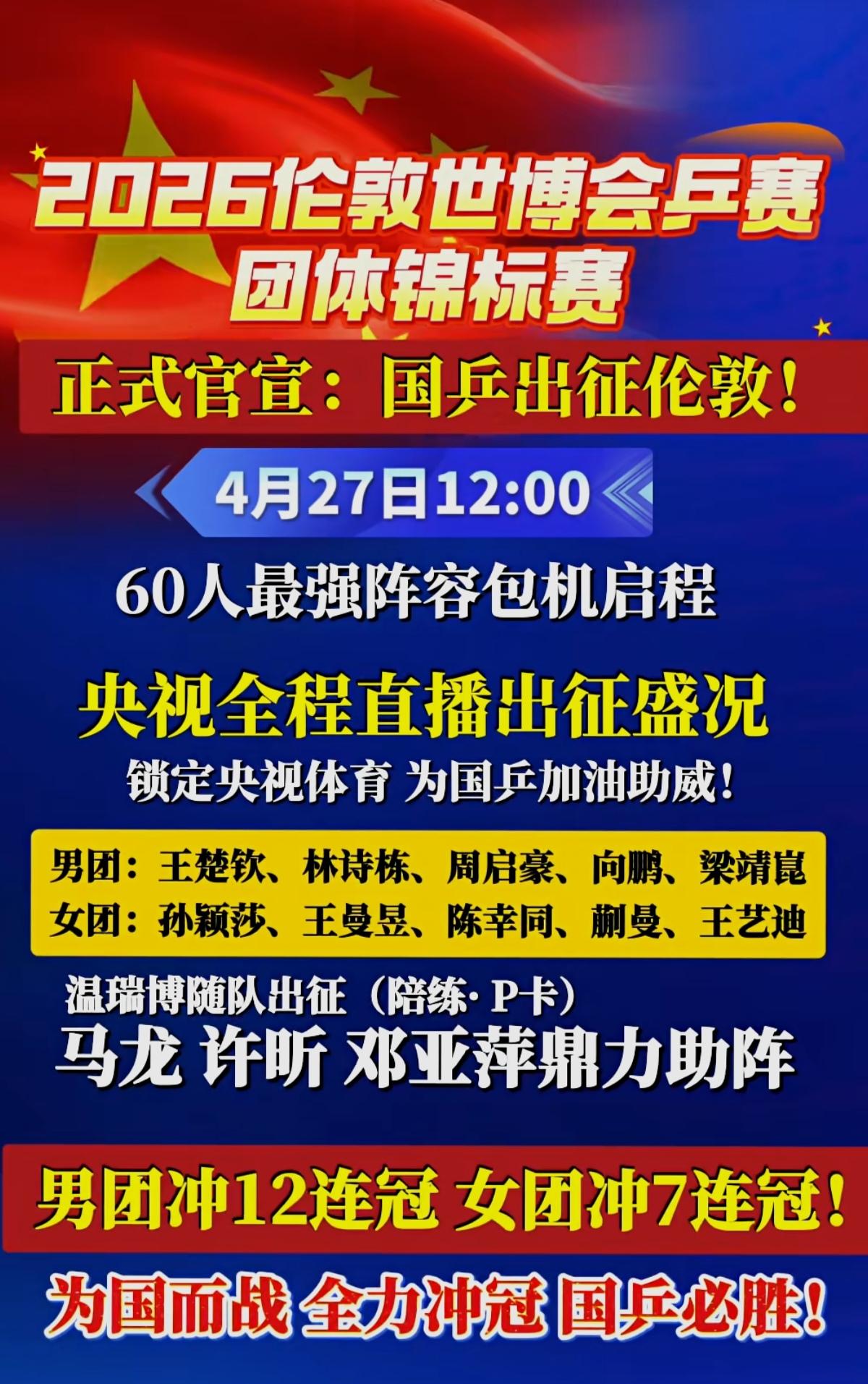 国乒🏓天团正式出征伦敦世乒赛
CCTV全程直播，一起为国乒加油！