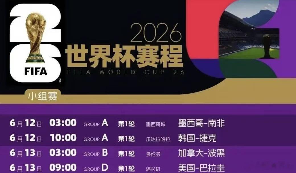世界杯6月12日赛程A组第一轮小组赛03:00  墨西哥VS南非10:00  韩