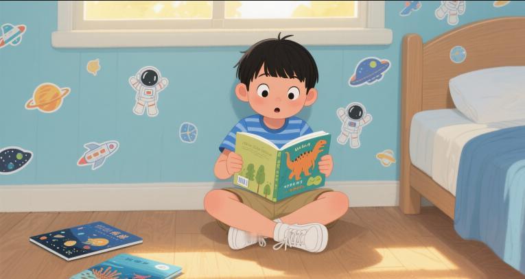 小孩从从同学那里借来3本课外书。

他看得很投入，基本除了吃饭、睡觉、出去玩，他