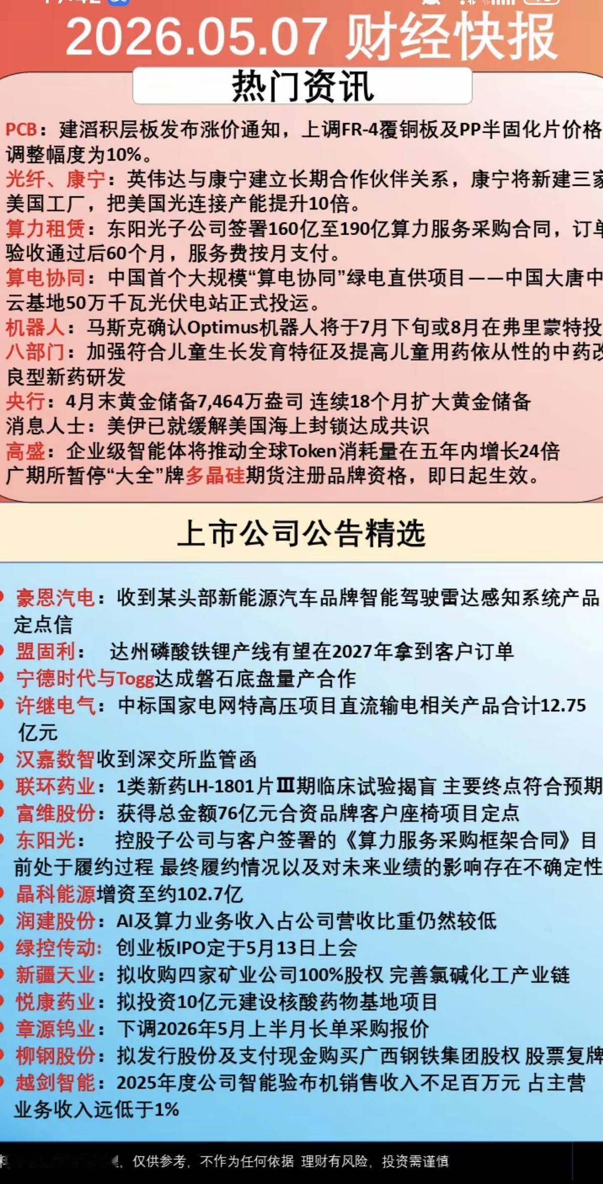 5.7周四 晚间  财经资讯+公司公告！

1.PCB+光纤
2.算力租赁，算电