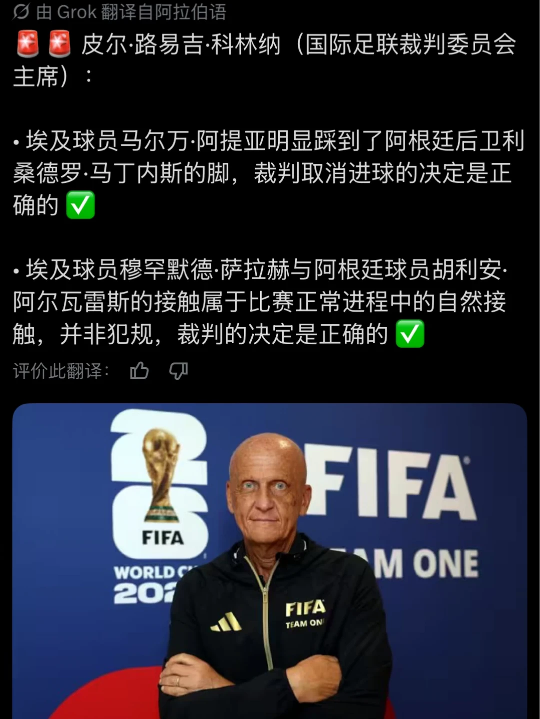 裁判Goat科里纳：阿根廷对埃及，判罚没有问题