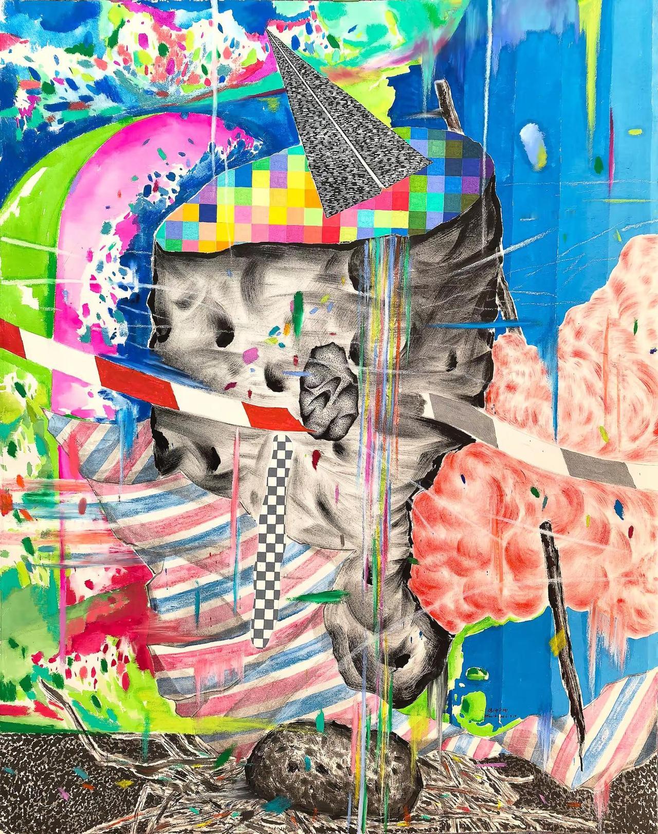 艺术家卢守辉作品。精神产物，皮纸、墨、国画颜料、油画棒，120×97cm，202