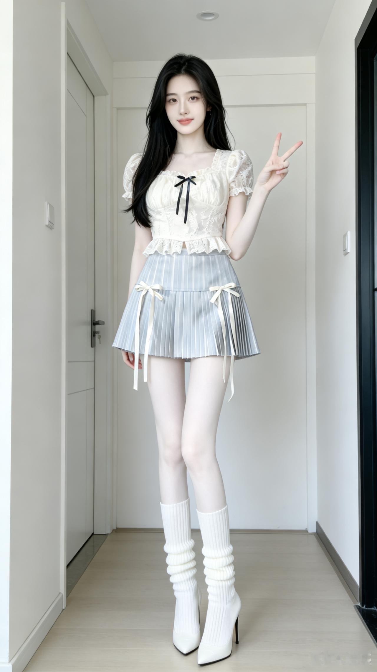 甜美少女风穿搭，白色蕾丝上衣+百褶短裙，搭配白色高筒靴，俏皮可爱！💕👗👠