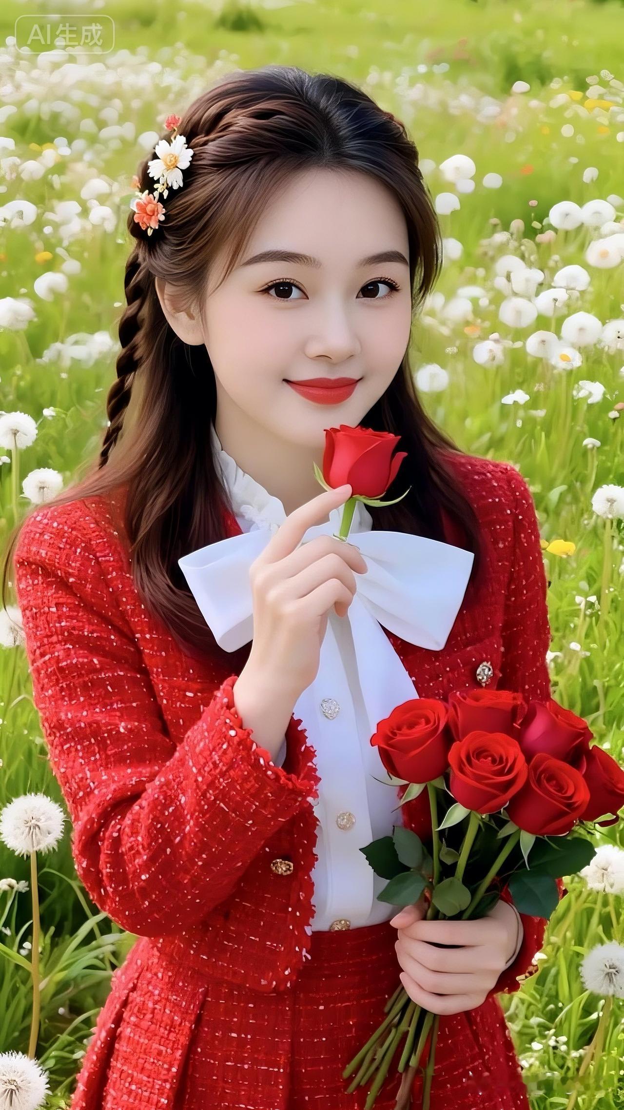 在那片五彩斑斓的花海中，一位红衣少女宛如灵动的仙子。她头戴闪亮发箍，身着毛衣，手