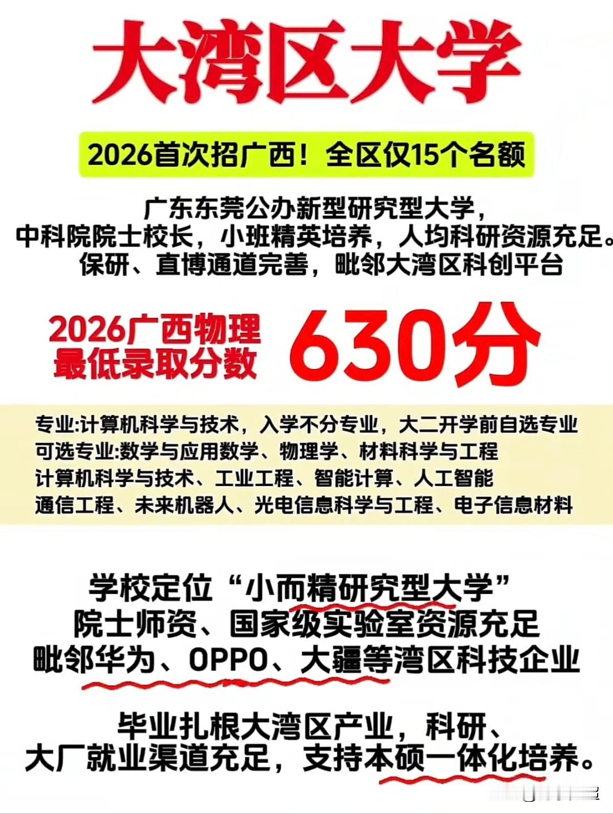 2026年，东莞大湾区大学在广西物理类的最低投档线已公布。
今年，大湾区大学首次
