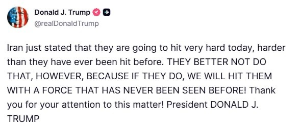 特朗普发帖警告伊朗不要报复，他说：“伊朗刚刚表示，他们今天将进行非常猛烈的打击，