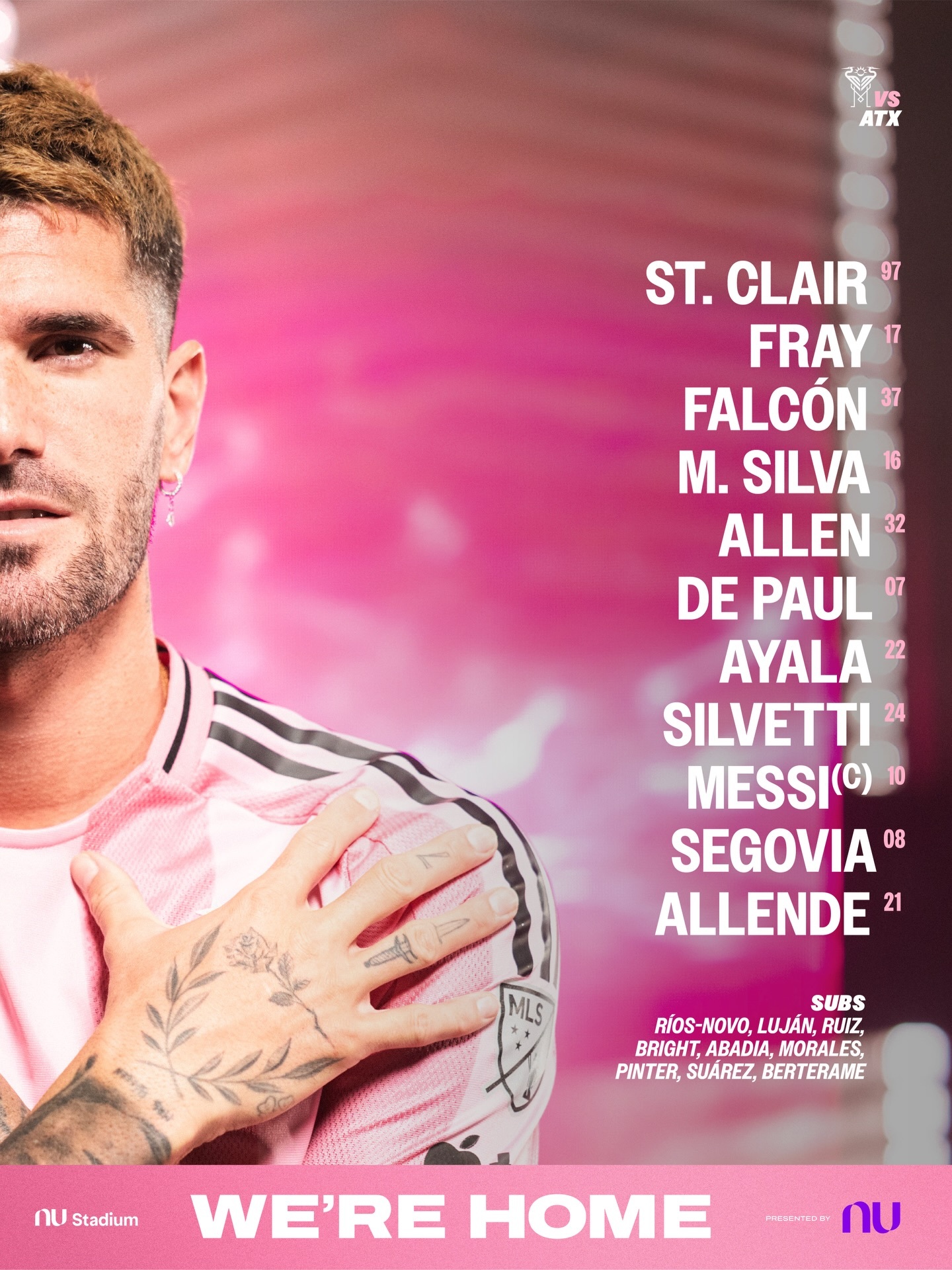 大家都醒了咩？迈阿密国际vs奥斯汀fc首发出炉！梅西领衔！完整首发：97-圣克莱