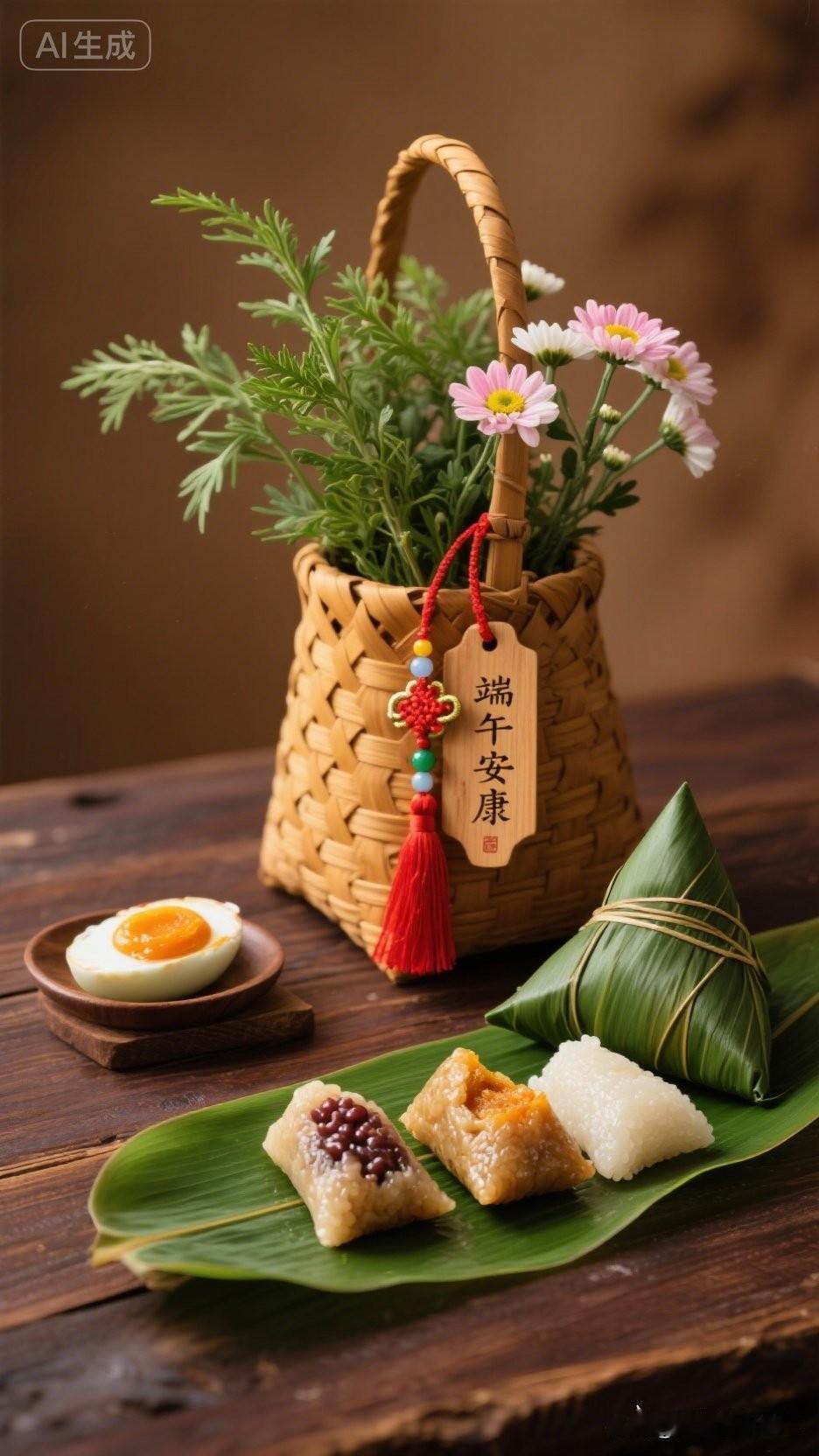艾草驱烦忧，粽子裹温柔，
三餐皆安稳，四季皆无忧，
清风徐徐来，粽香伴左右，
端
