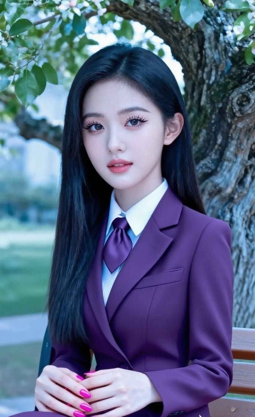 优雅紫西服少女，树下的静谧时光
