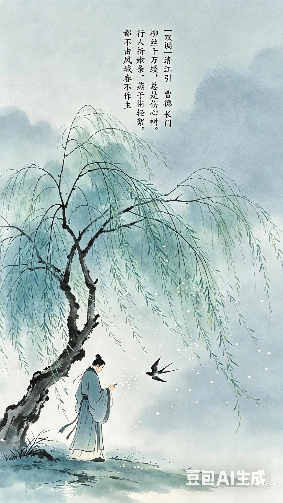 《双调》清江引、曹德。
长门 柳丝千万缕，
总是伤心树。
行人折嫩条，
燕子衔轻