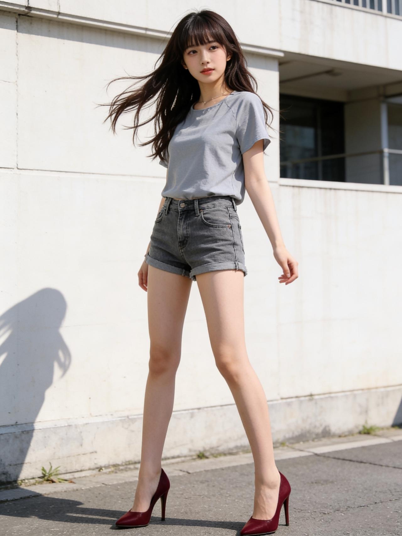 一件纯色简约T恤，柔软面料贴合肌肤，自带随性气息。搭配高腰牛仔短裤，利落剪裁勾勒