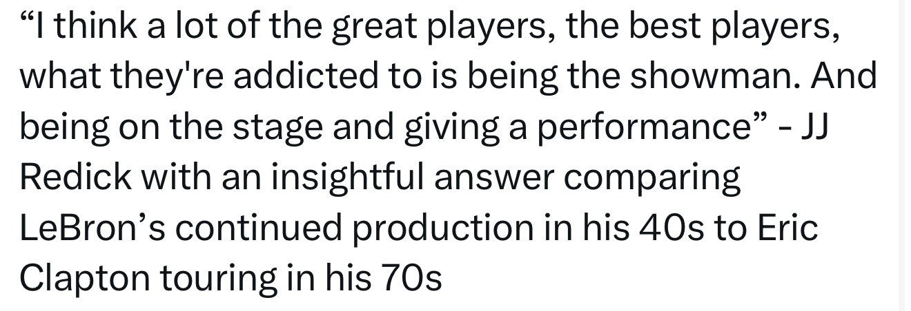 雷迪克今天将詹姆斯在40多岁时仍能持续高水平表现，比作埃里克·克莱普顿在70多岁