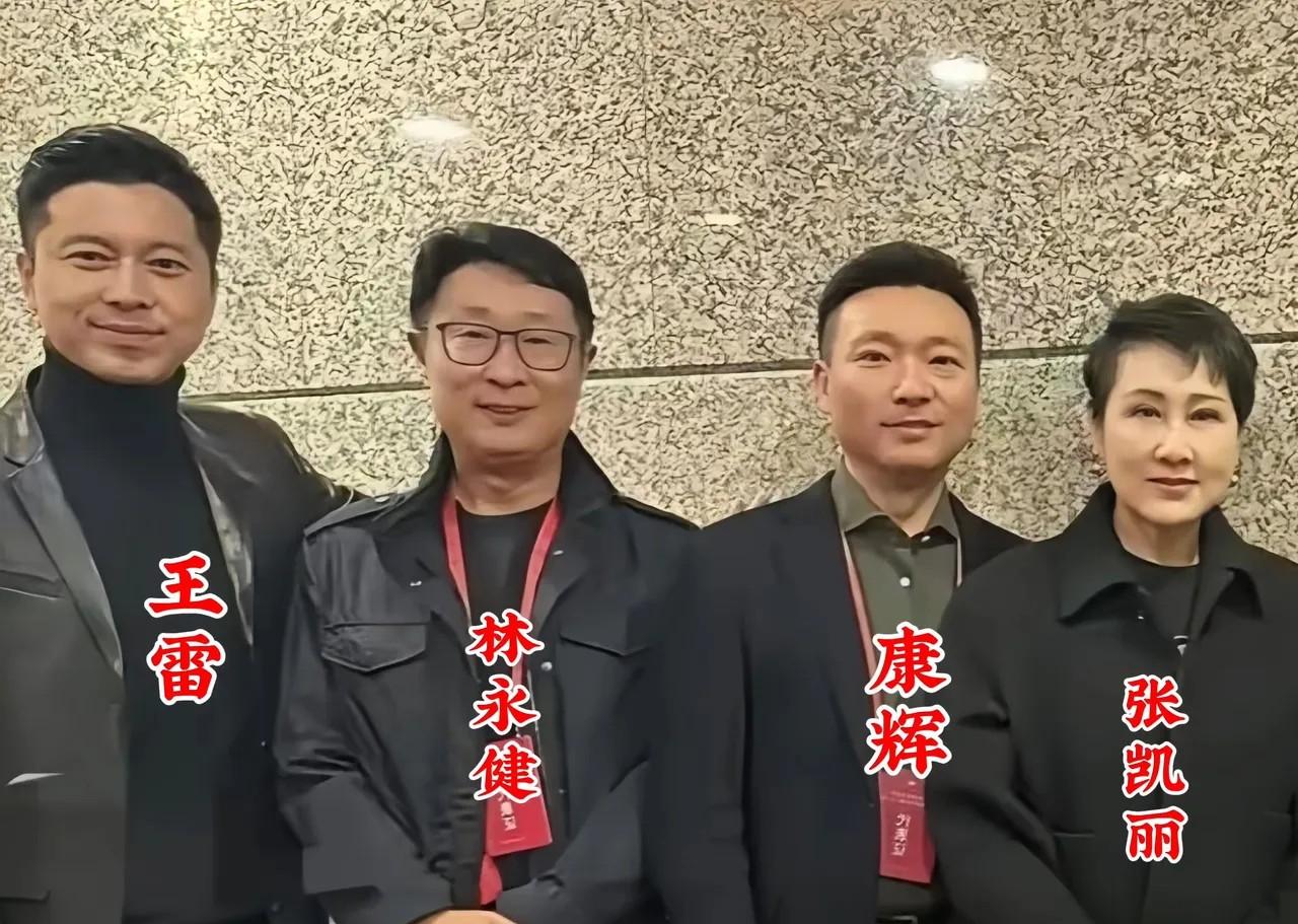 四位同框，有主持人康辉，演员林永健，王雷，张凯丽合影留念。