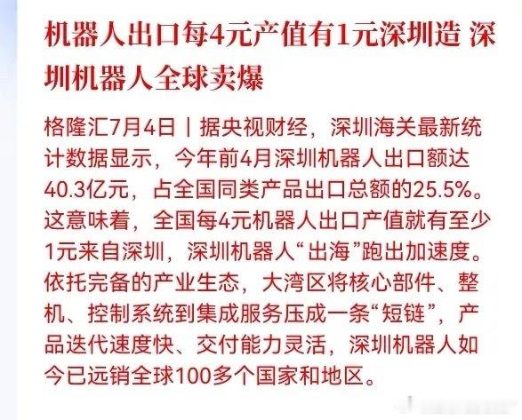 好消息！重大利好消息！深圳造机器人全球卖爆，机器人出口每4元产值有1元深圳造，完