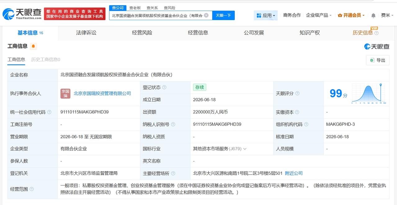 北京国资融合发展领航股权投资基金登记成立 出资额220亿

天眼查App显示，近