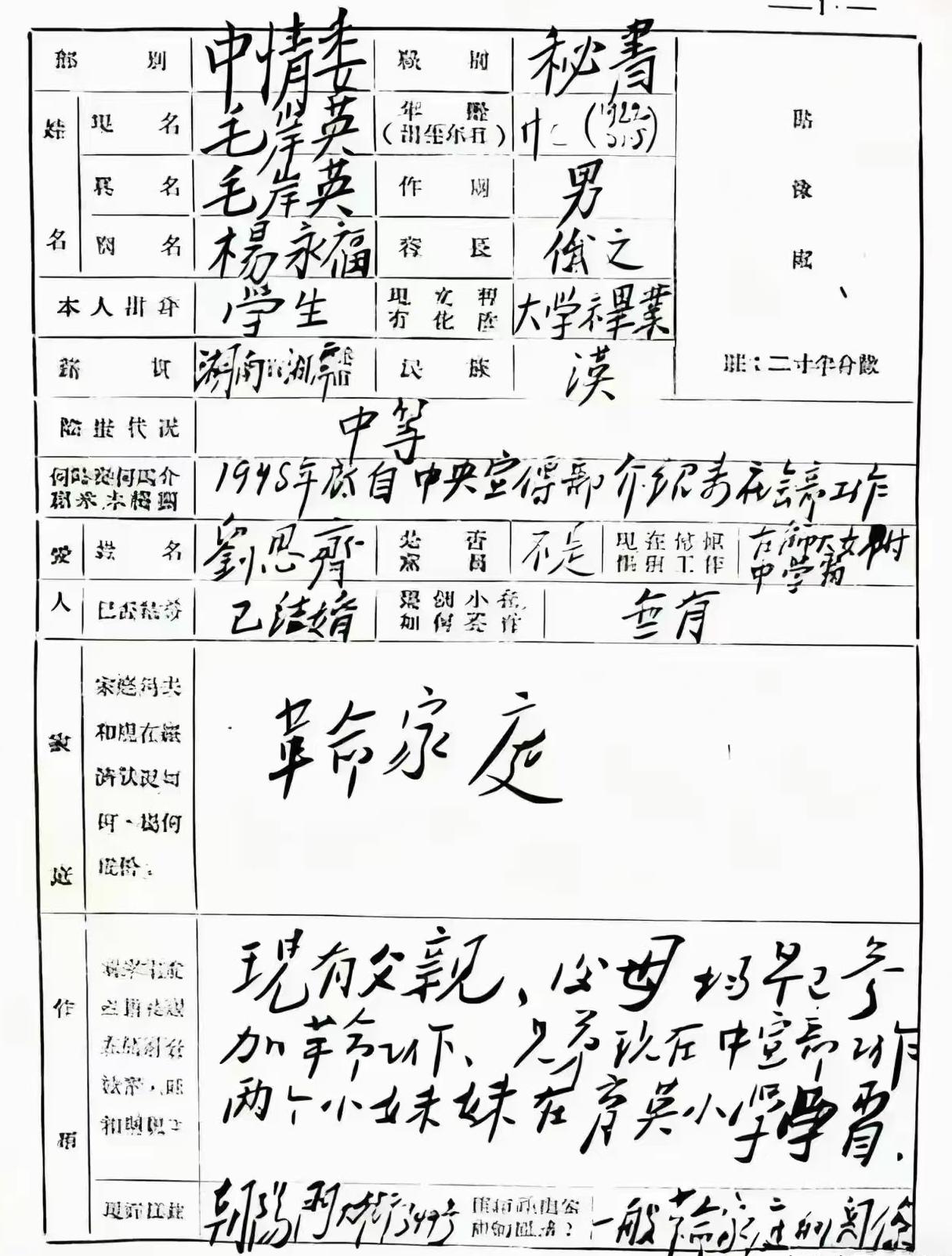 今天看到一份珍贵的历史档案——毛岸英入朝前亲笔填写的干部履历表，内心深受触动。在