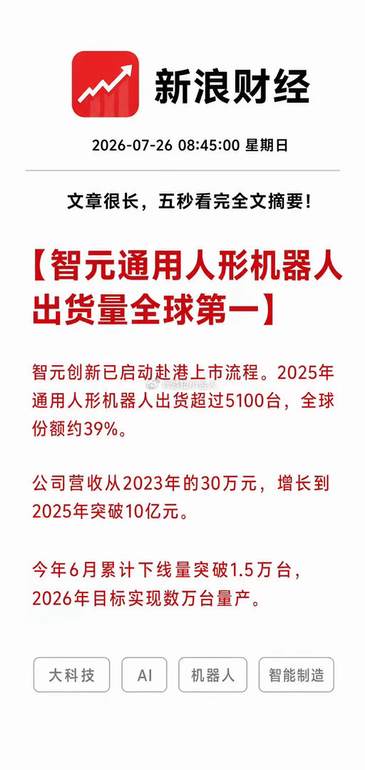 利好！大利好！大科技和AI又跑出一个全球第一！中国公司通用人形机器人出货超过51