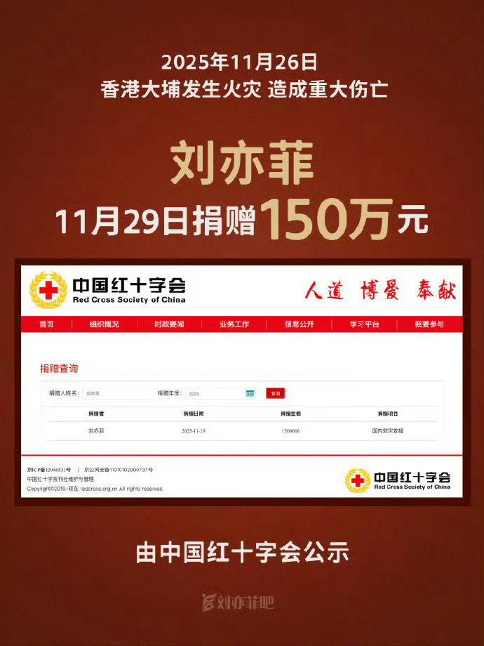 刘亦菲为香港🇭🇰火灾捐款。