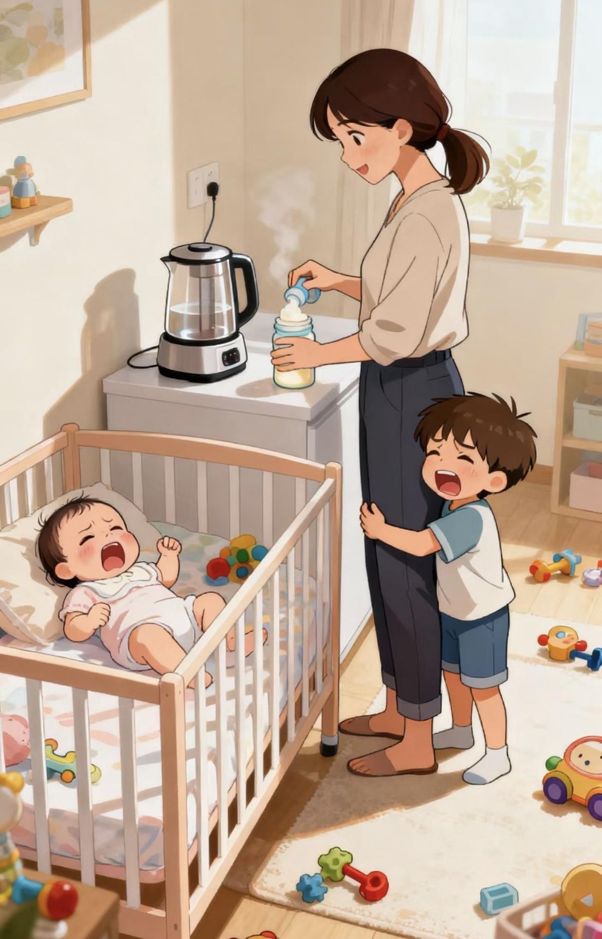 “ 带俩娃的一天：冲奶被薅头发，做饭绑后背，夜里连喘口气都怕吵醒娃

早上七点的