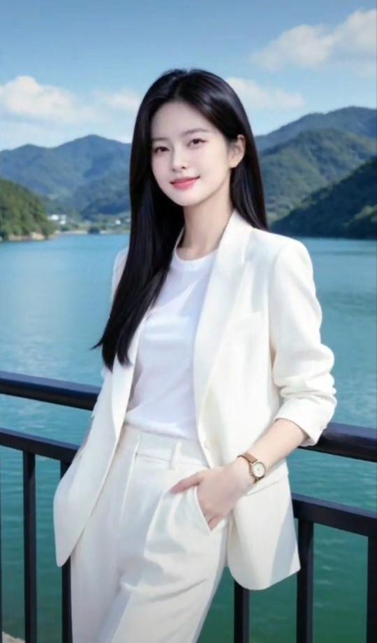 优雅职场风，湖畔白西装，自信满满！