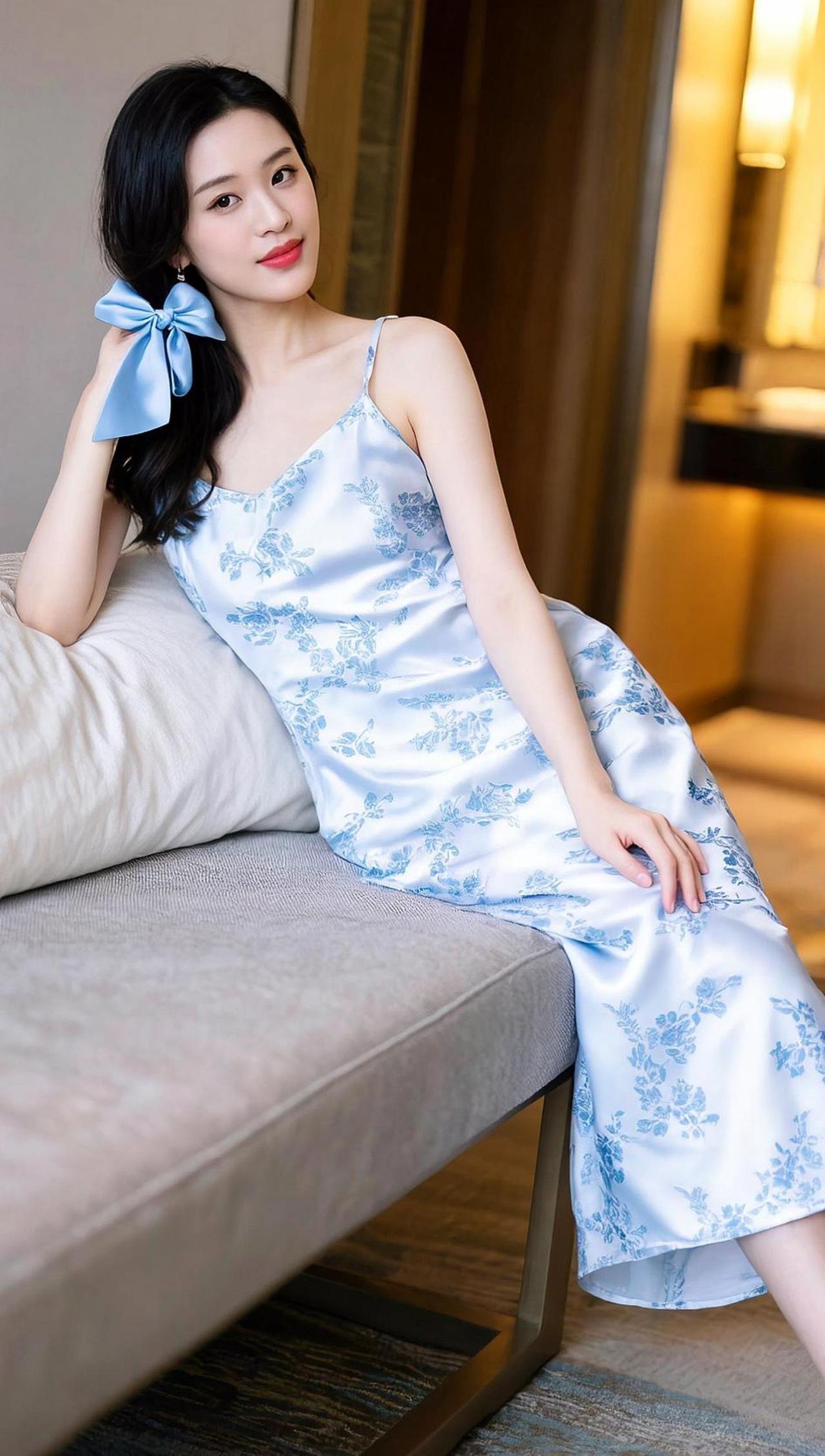 蓝白碎花裙轻轻拂过沙发，像一阵微风路过春日的庭院。发间的蝴蝶结系住温柔，光影在裙
