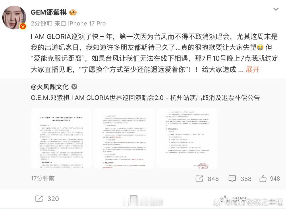 邓紫棋回应因台风取消演唱会受强台风巴威威胁，邓紫棋叫停杭州三场演唱会，后续发文致