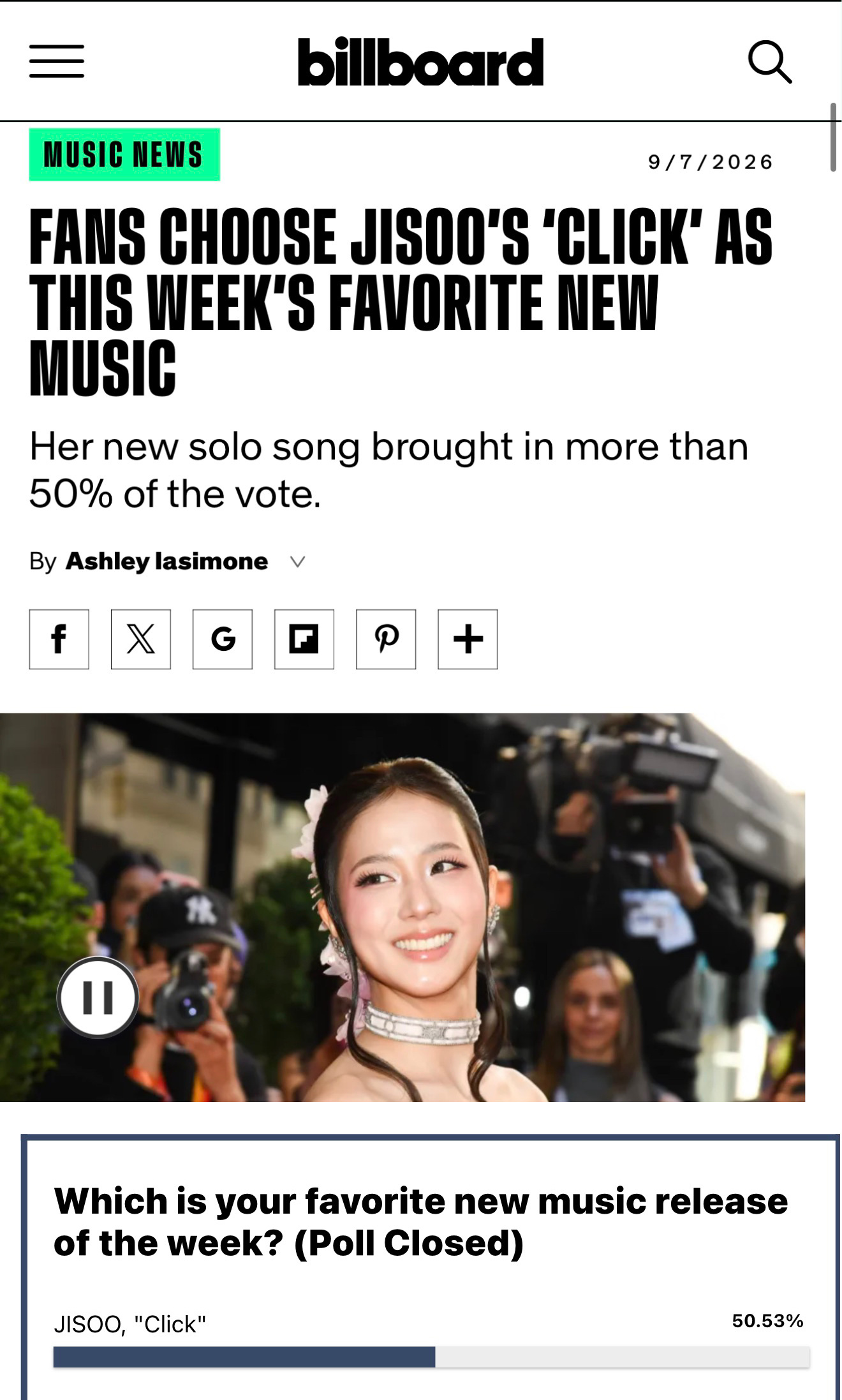 billboard报道：粉丝将JISOO的《Click》选为本周最喜爱的最新音乐