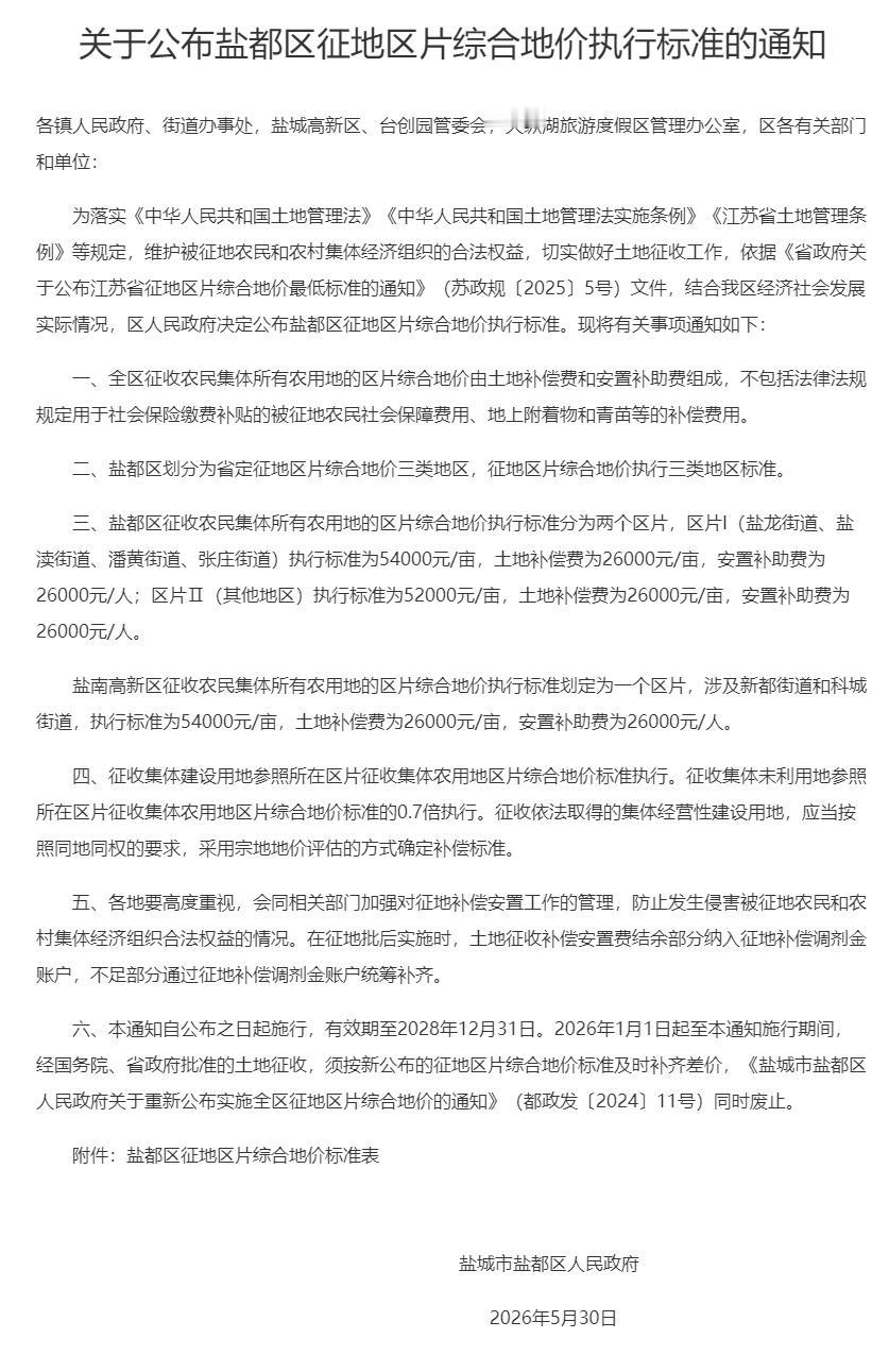 盐城市盐都区公布新版征地区片综合地价标准，文件有效期至2028年12月31日，新