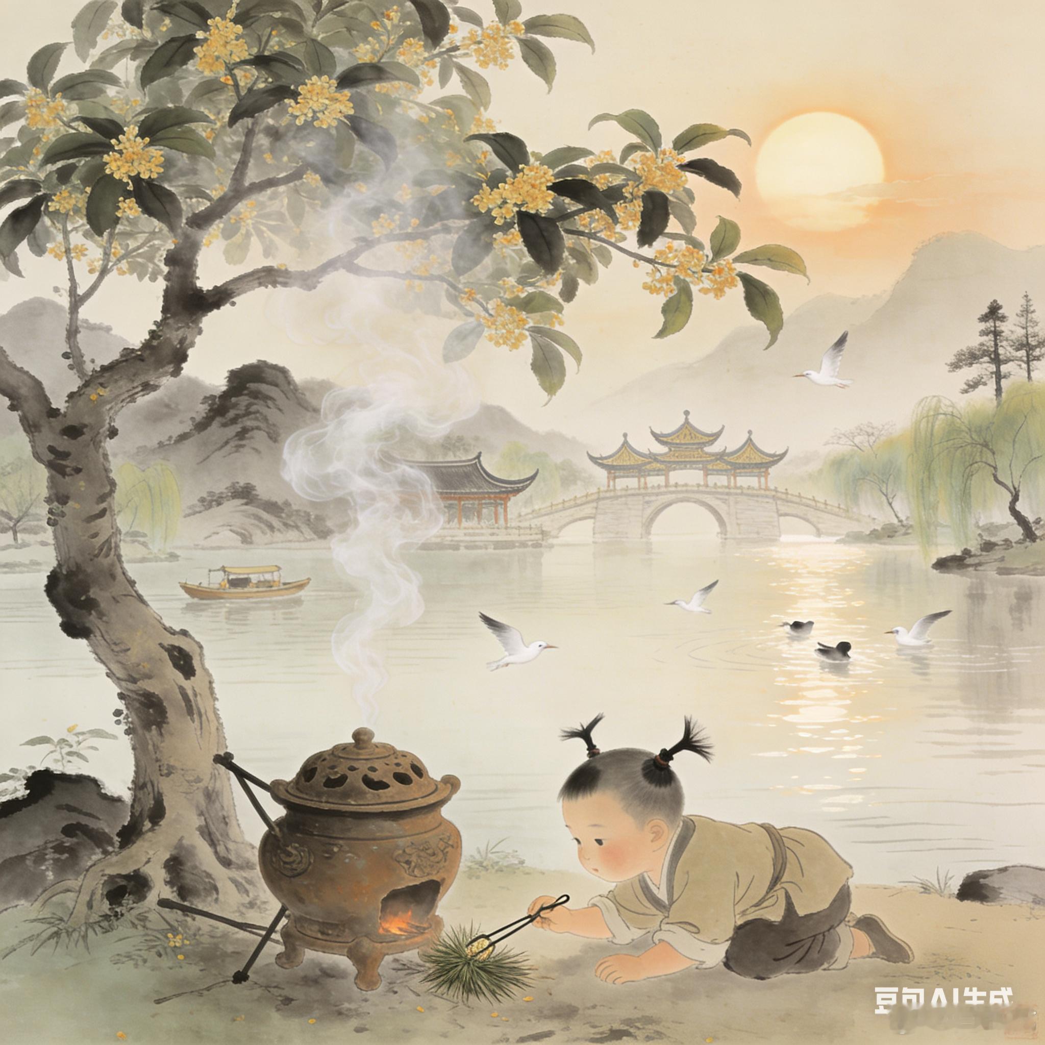 一棵桂花树底下支了一只泥炉，一个扎着叉角辫的小孩儿趴在地上，拿了一把小火钳正在往