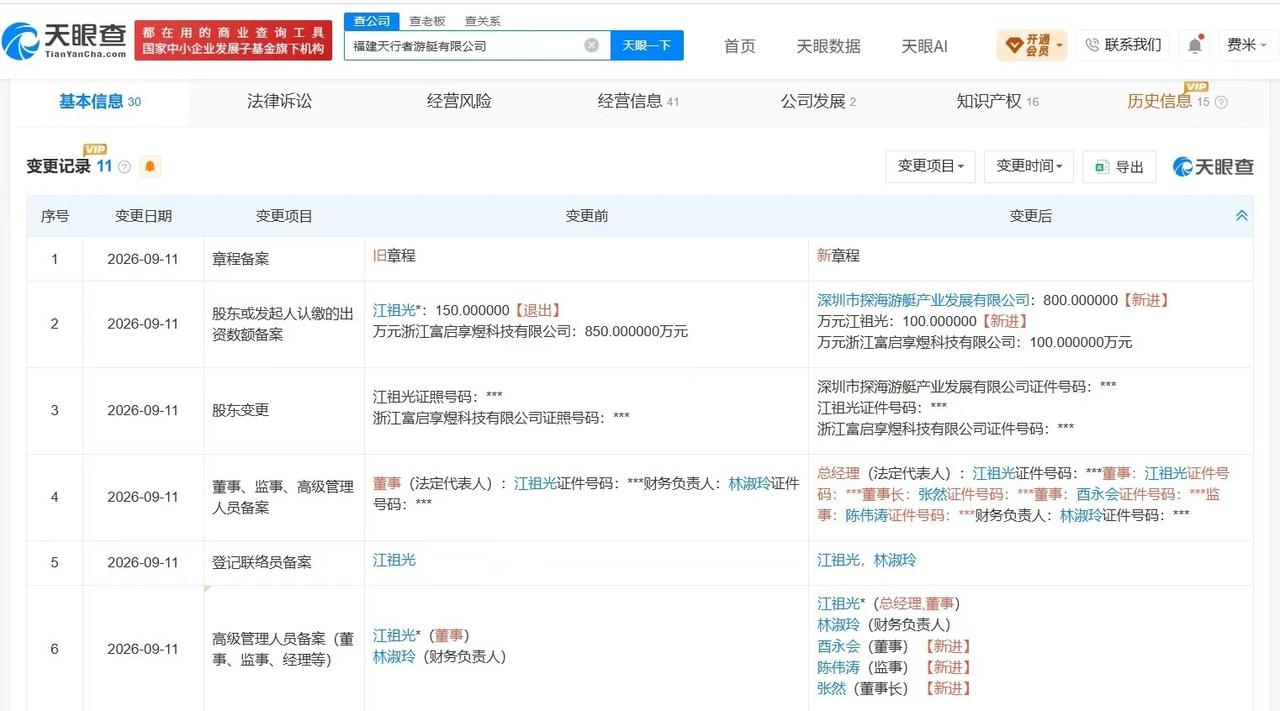 刘强东名下游艇公司入股天行者游艇
刘强东名下公司入股天行者游艇完成工商变更
天眼