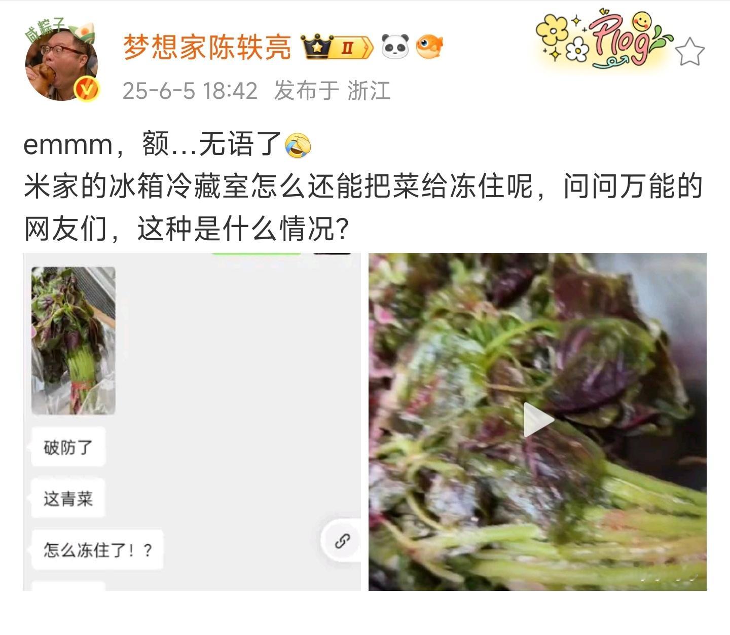 他家冰箱冷藏室调到零下几度了？冰箱冷藏室默认是5℃，是不可能结冰的，所以他想表达