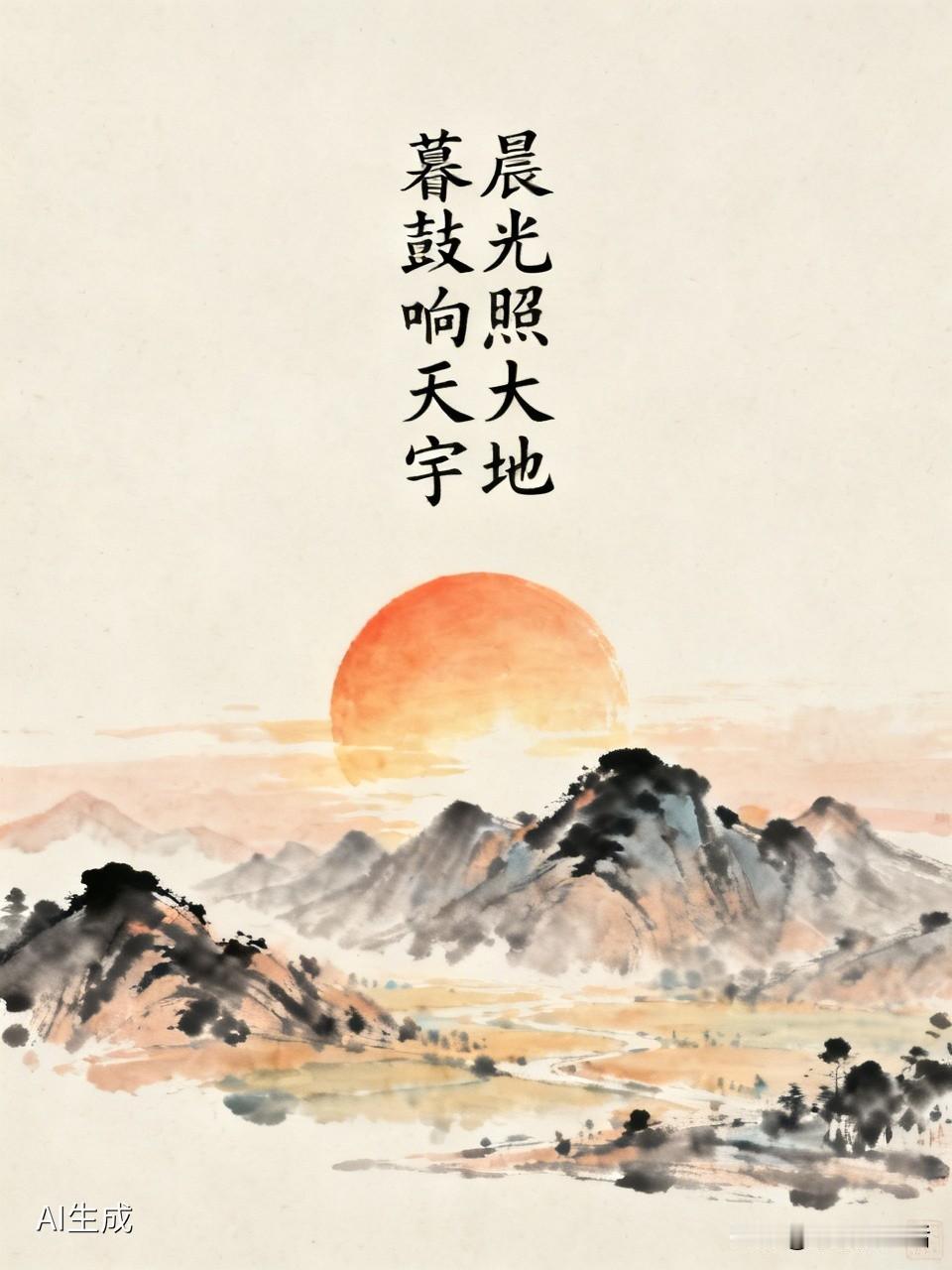 上联：晨光照大地，邀您对下联暮鼓响天宇！
