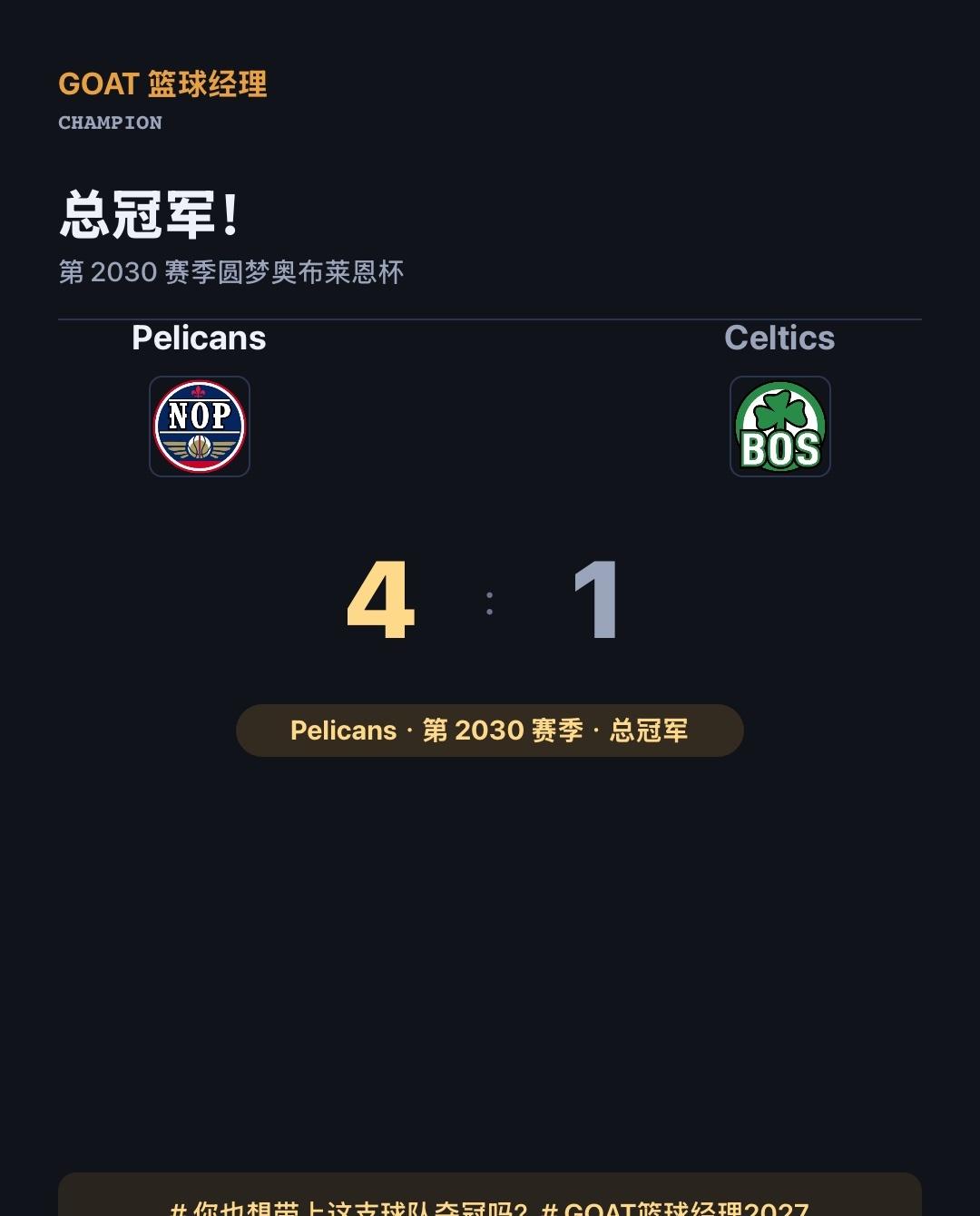 亲自带队 Pelicans 夺冠，来分享这份喜悦
第 2030 赛季，我执教的 
