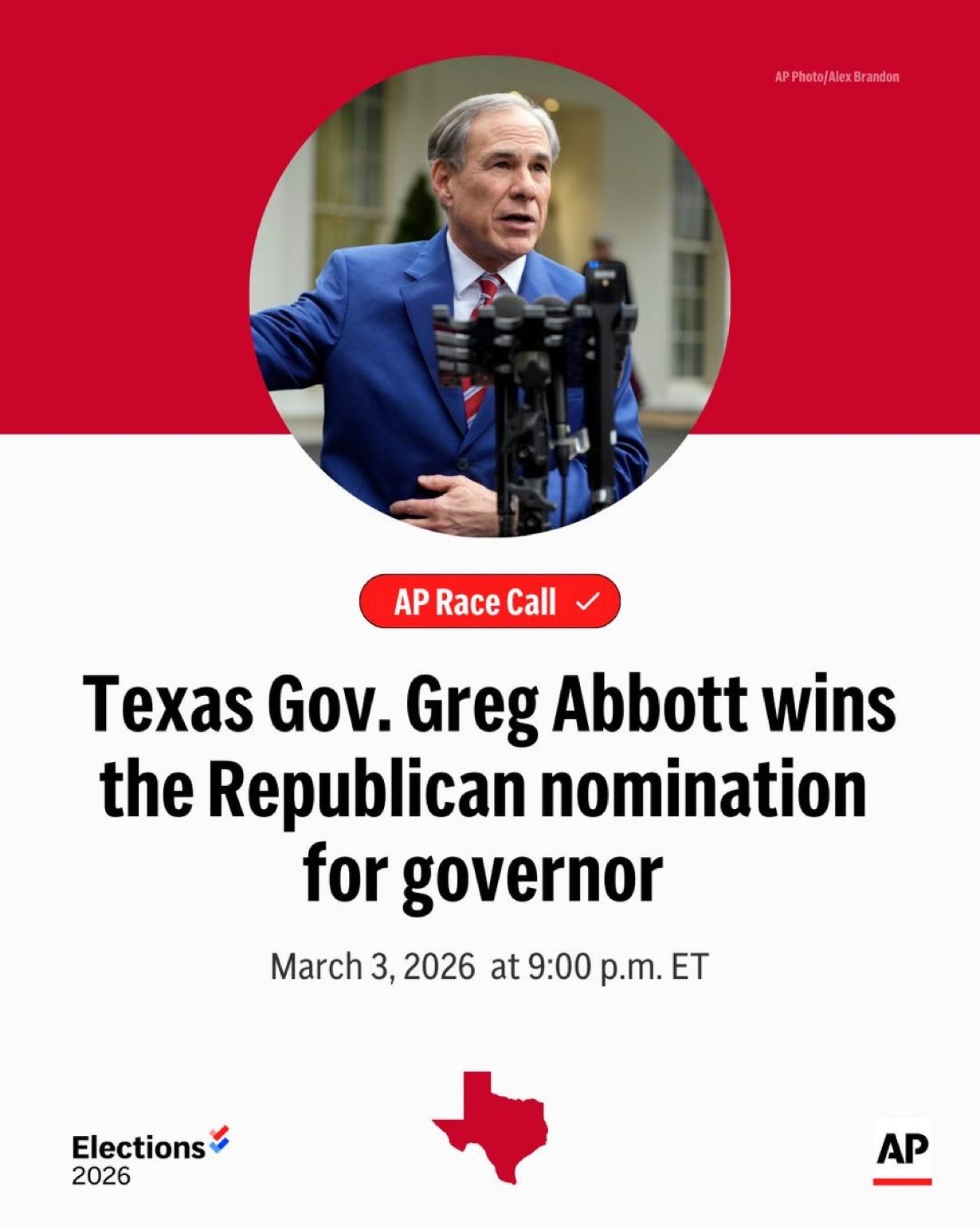 美国德克萨斯州州长格雷格·阿博特赢得共和党州长候选人提名。