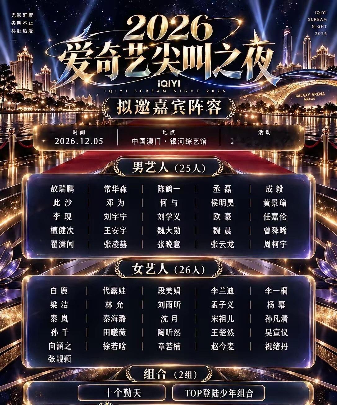 看到这个爱奇艺尖叫之夜拟邀嘉宾 很期待了🎉 爱奇艺尖叫之夜2026 终于定档?