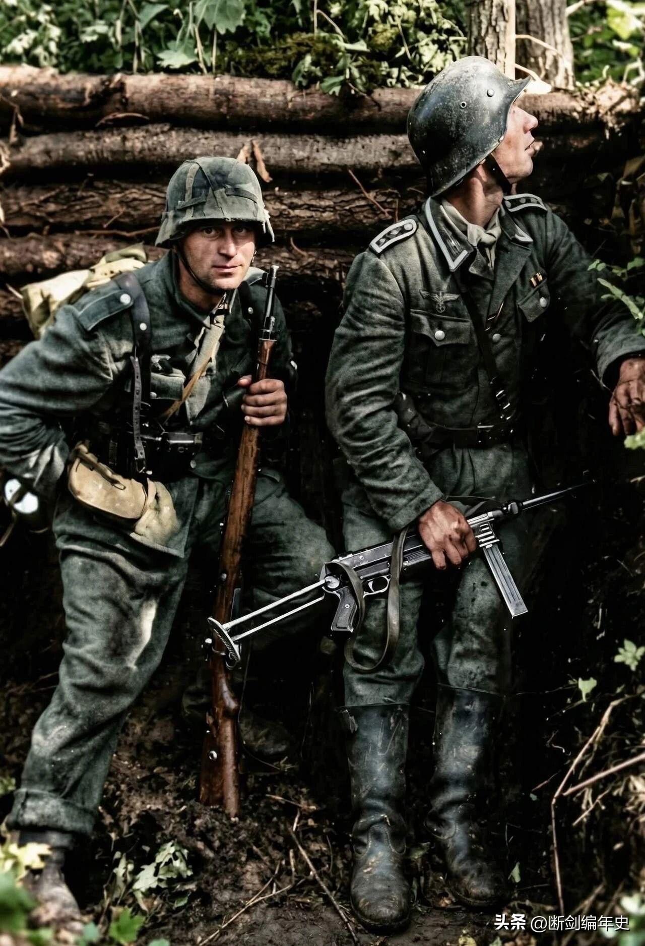 同一个战壕中的战友。左边的士兵手持98K步枪，右边的士官手持MP40冲锋枪。
