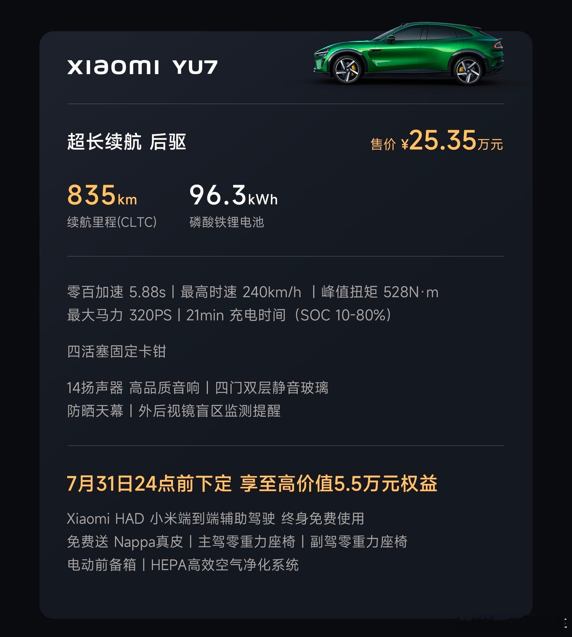 今晚发布会最最最期待的YU7价格，长续航25.35万元  四驱27.99万元 性