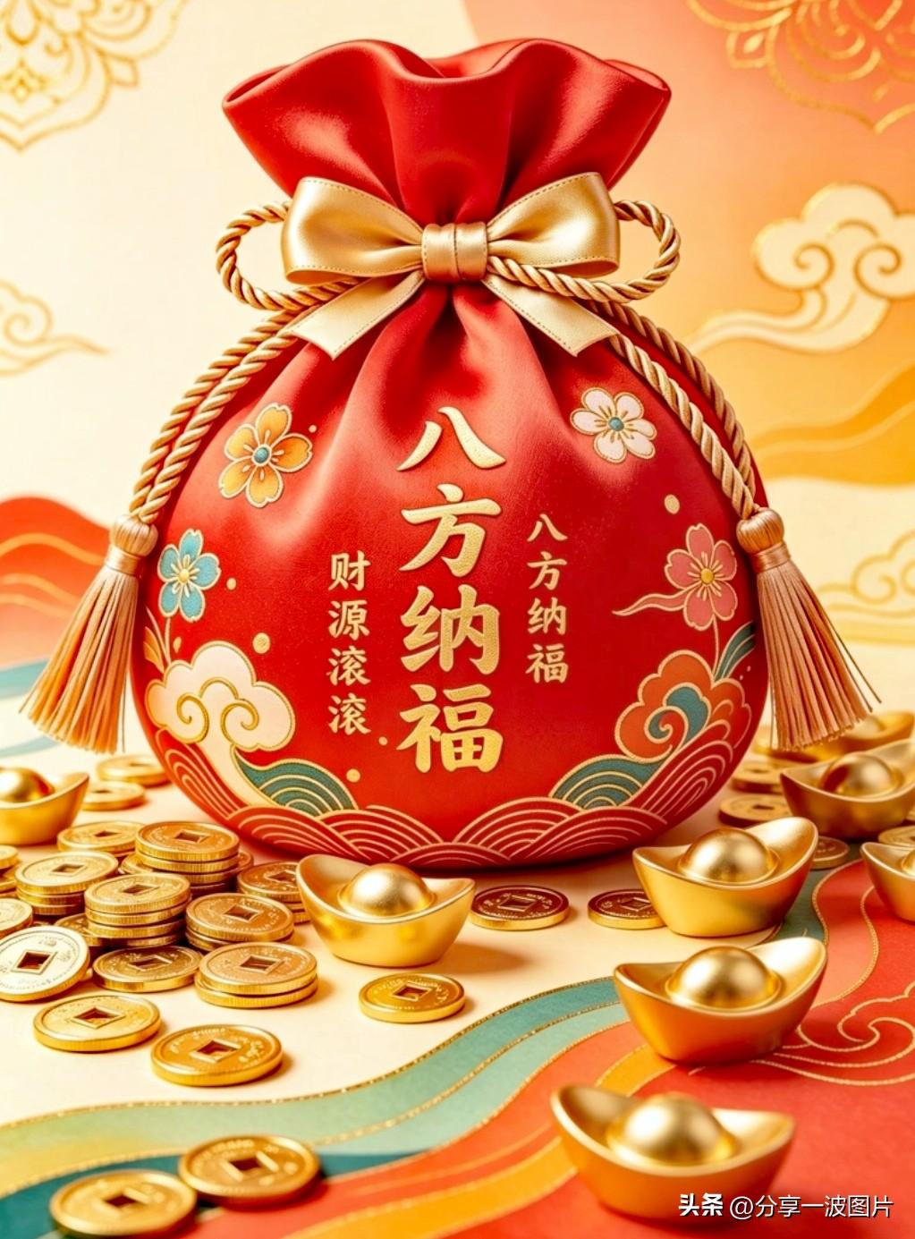 福袋盈金迎百福，
财源滚滚纳八方。
