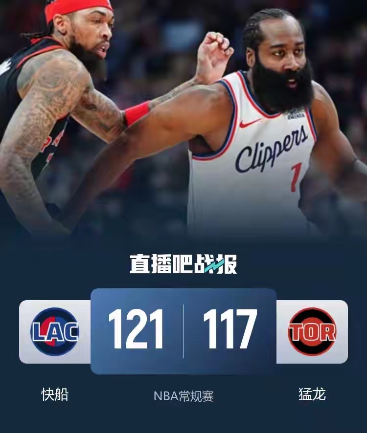 NBA常规赛，快船在伦纳德缺阵的情况下，客场加时以121-117击败猛龙，收获5