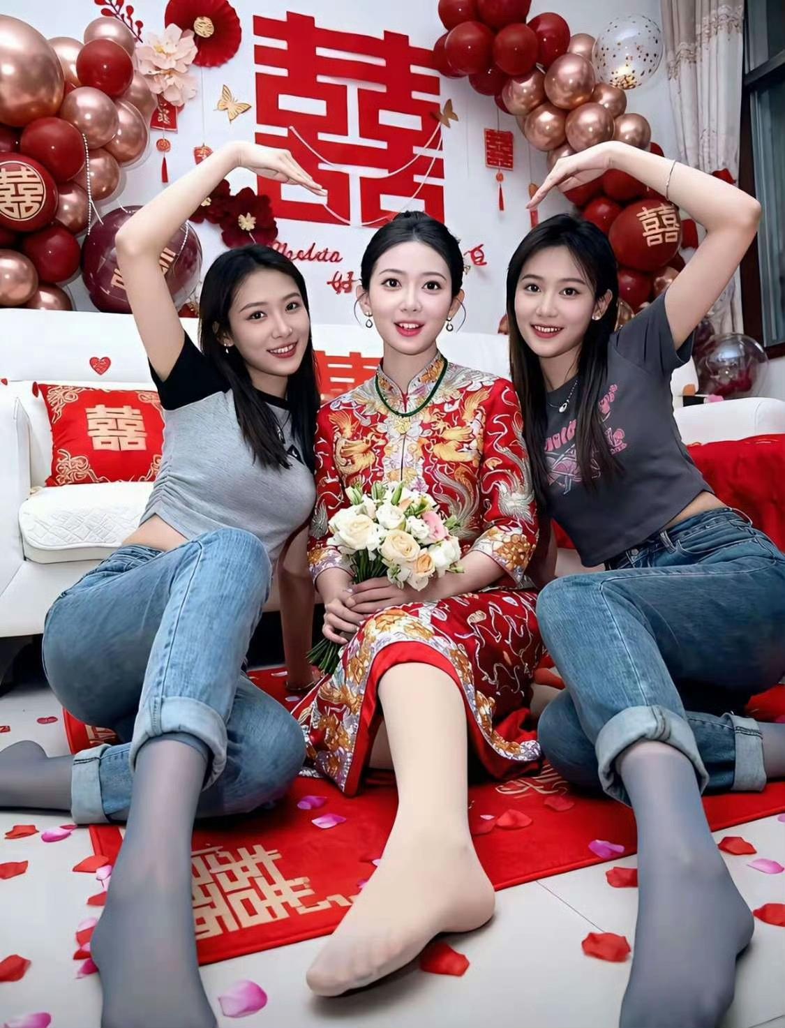 三个闺蜜在庆祝婚礼，笑得很开心。