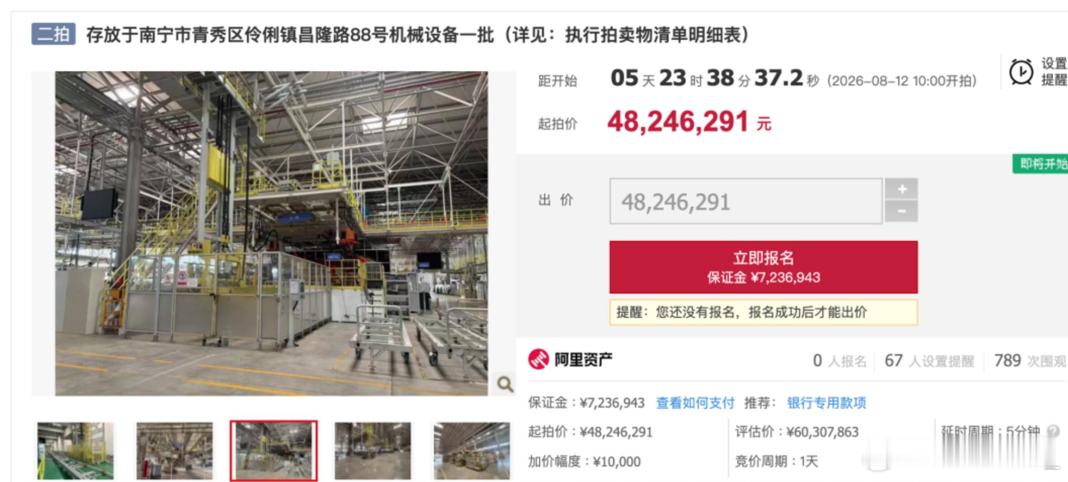 夕日销冠哪吒汽车，现在南宁工厂设备降价20%拍卖起拍价6030.79万元，一拍流