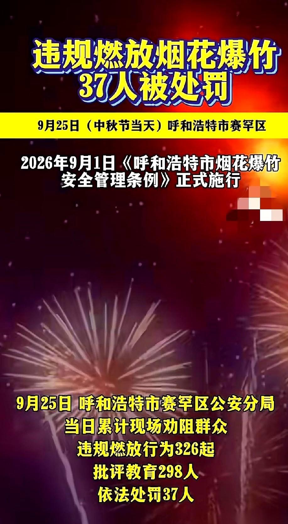 9月25日中秋节这天，呼和浩特有37个人因为违规放烟花爆竹被依法处罚。
民警当天
