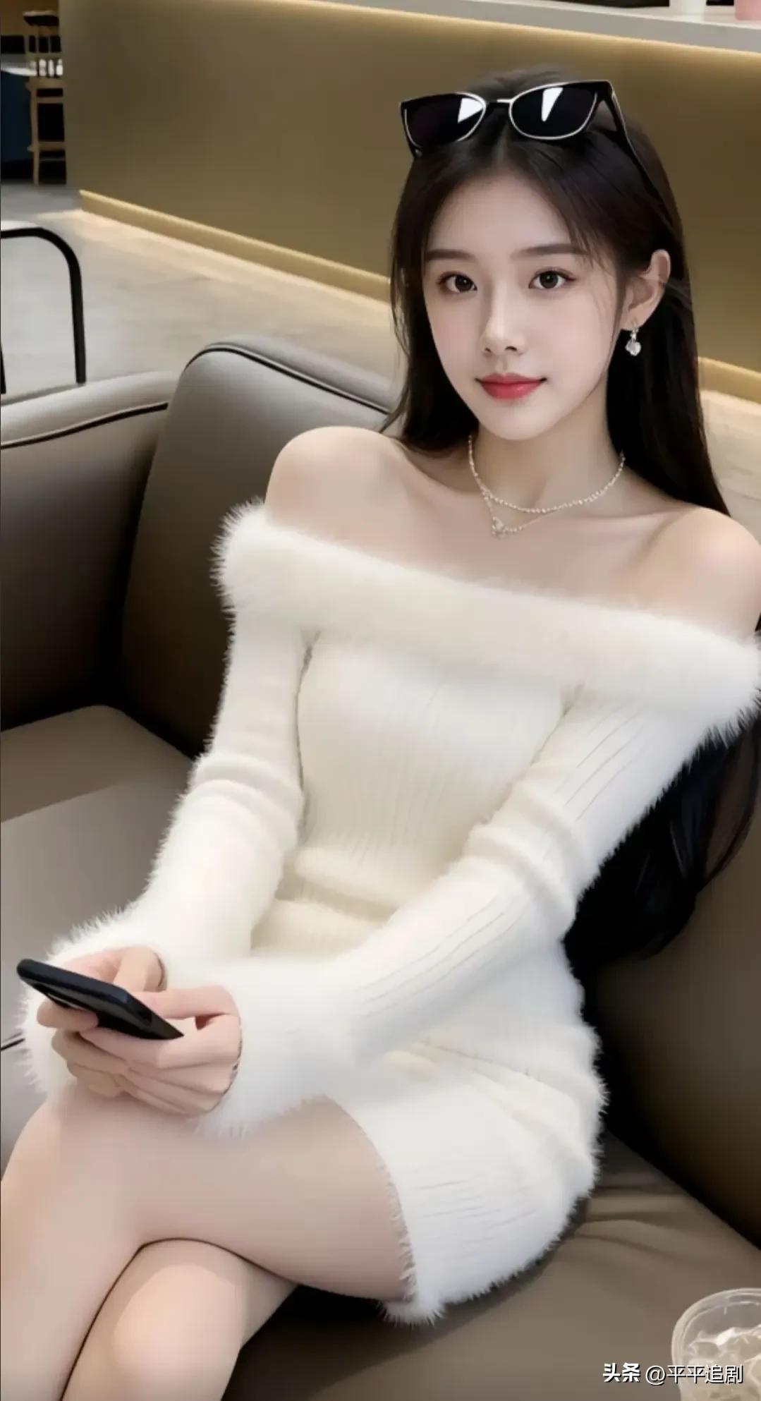 毛绒白裙裹住温柔，墨镜轻架发间，甜酷与慵懒撞了个满怀。