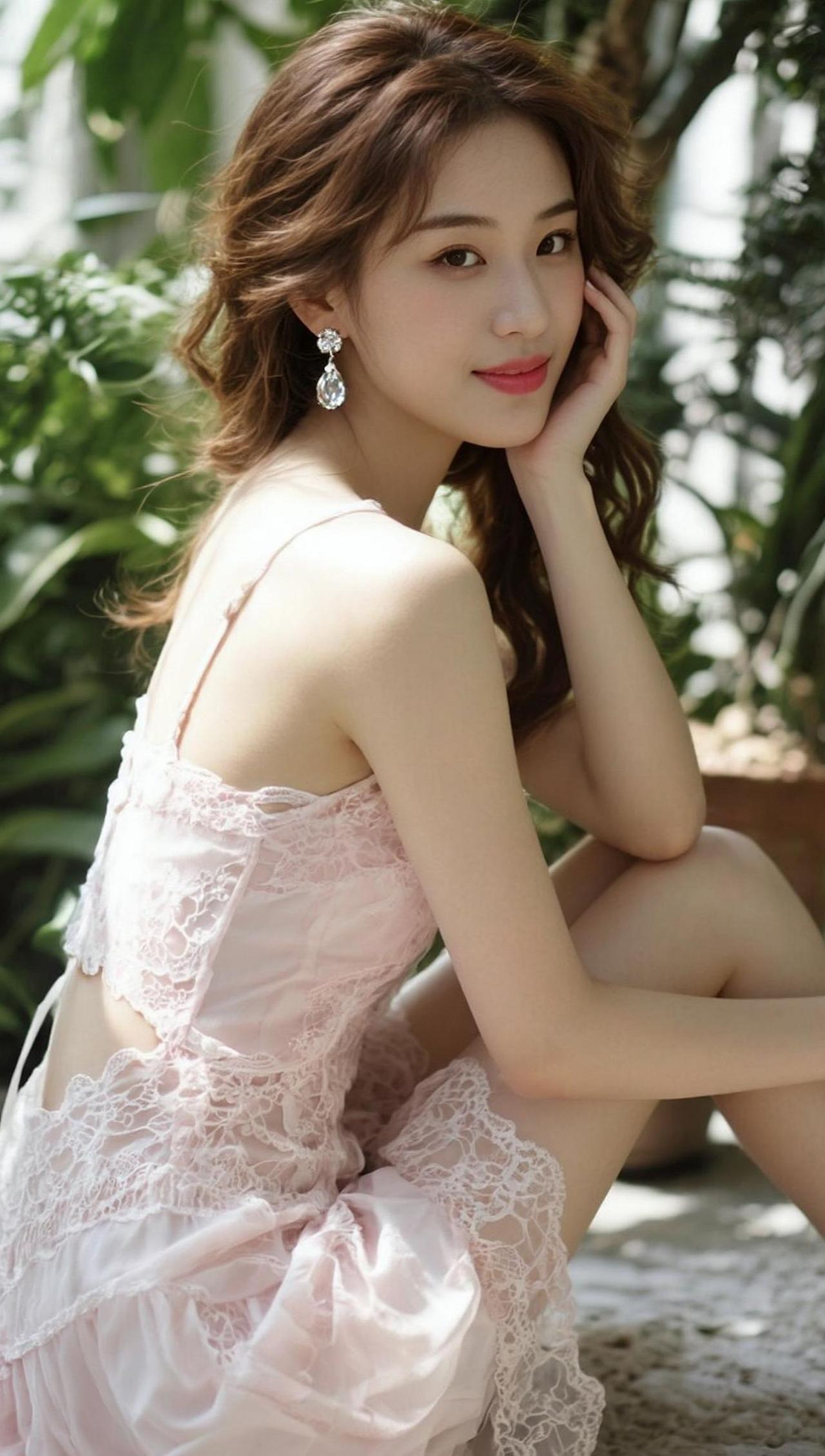 在柔和的光影中，她仿佛是夏日午后的一场梦，轻盈而美好。裙摆如花瓣般绽放，与背景的