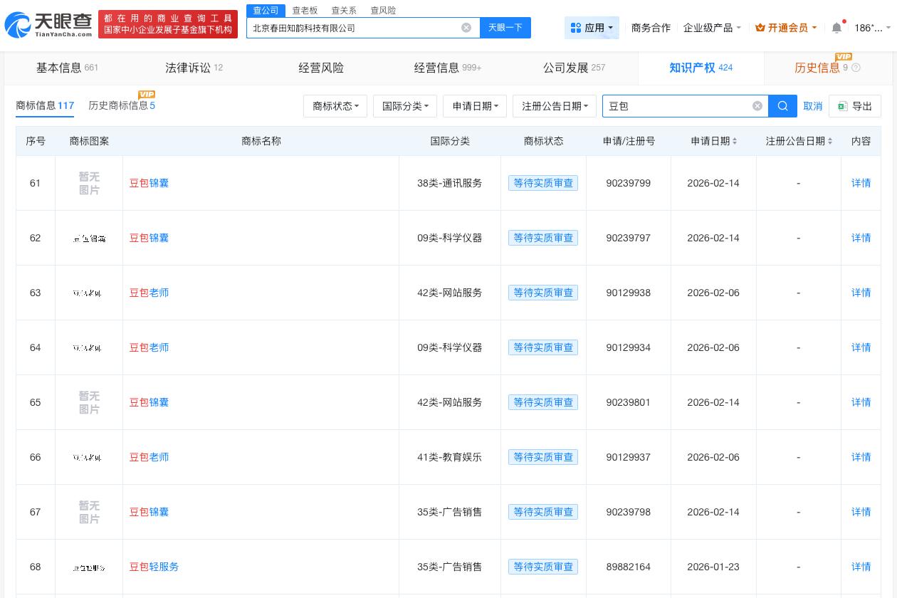 豆包公司已注册豆包老师商标
豆包公司已注册豆包轻服务商标豆包免费部分
近日，网传