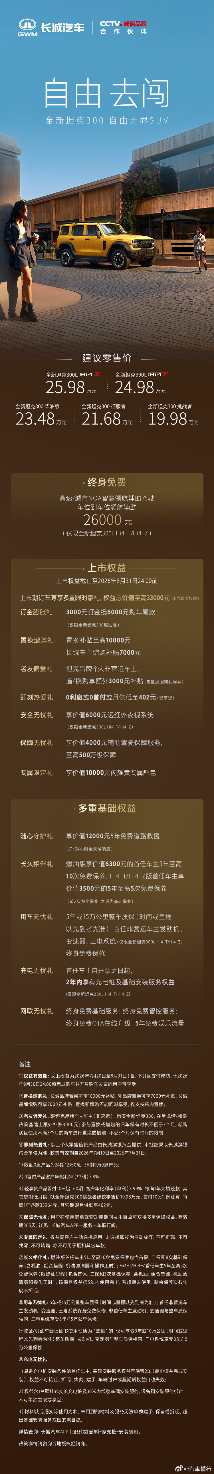全新坦克300正式上市 19.98万元起，多重权益同步解锁用顶格实力，实现都市旷