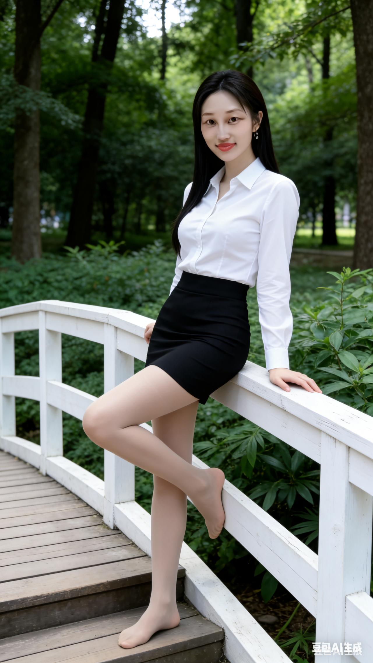 白衬衫黑短裙，公园里的优雅时光