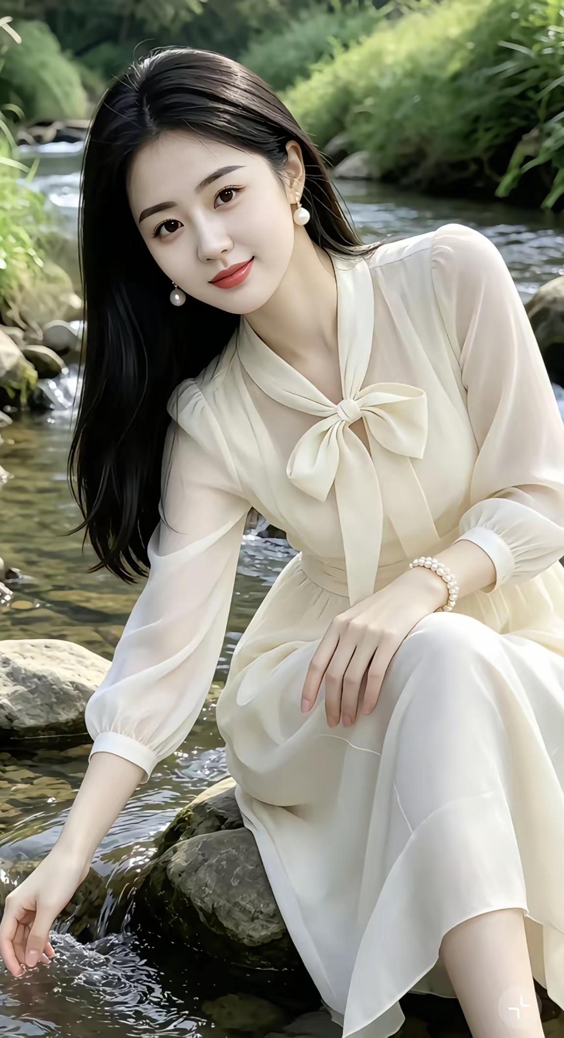 一个漂亮女孩坐在小溪边。