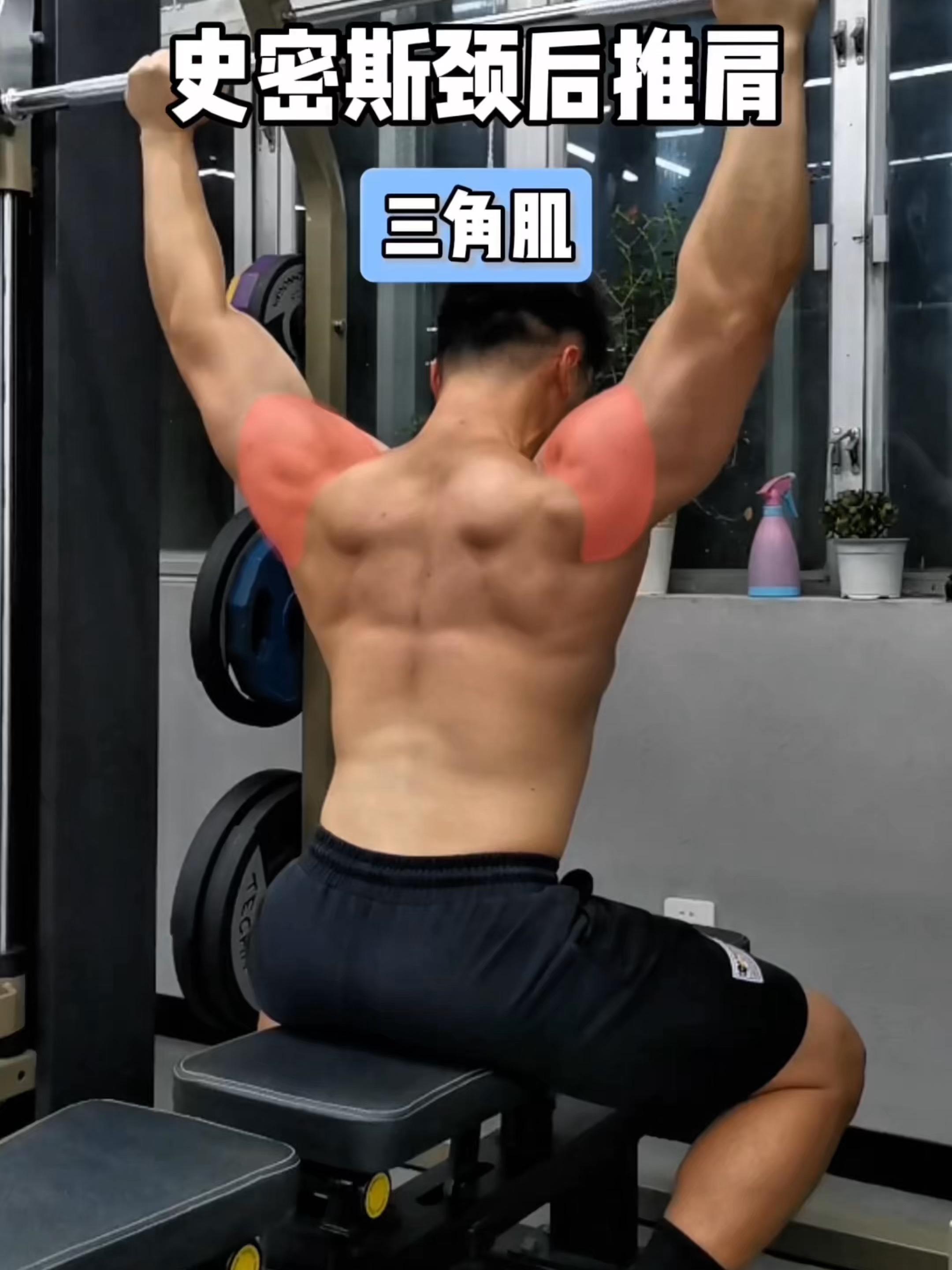 史密斯颈后推肩，保姆级教程！ 一、目标肌群 史密斯颈后推肩，三角肌 二...