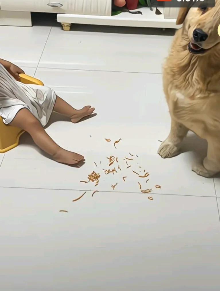 狗狗想吃地上，孩子掉的干脆面，然后抬头不停的看着主人的方向，
后来见主人不理它，